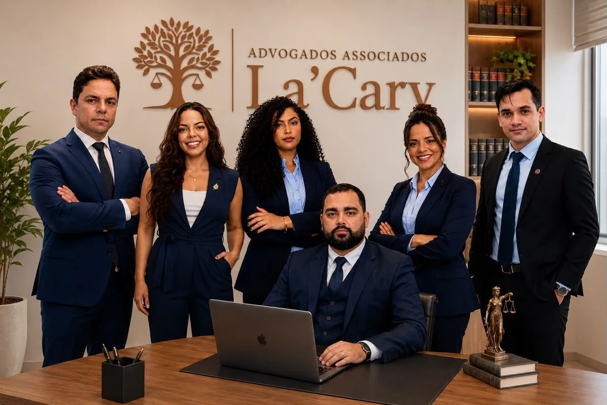 Equipe da La'Carv Advogados Associados reunida na recepção do escritório, diante da placa com a logomarca