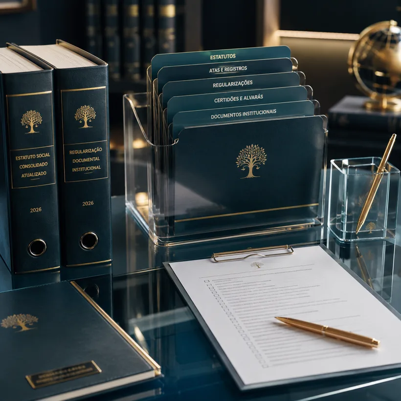 Pasta de estatutos, atas e regularizações institucionais sobre mesa de escritório