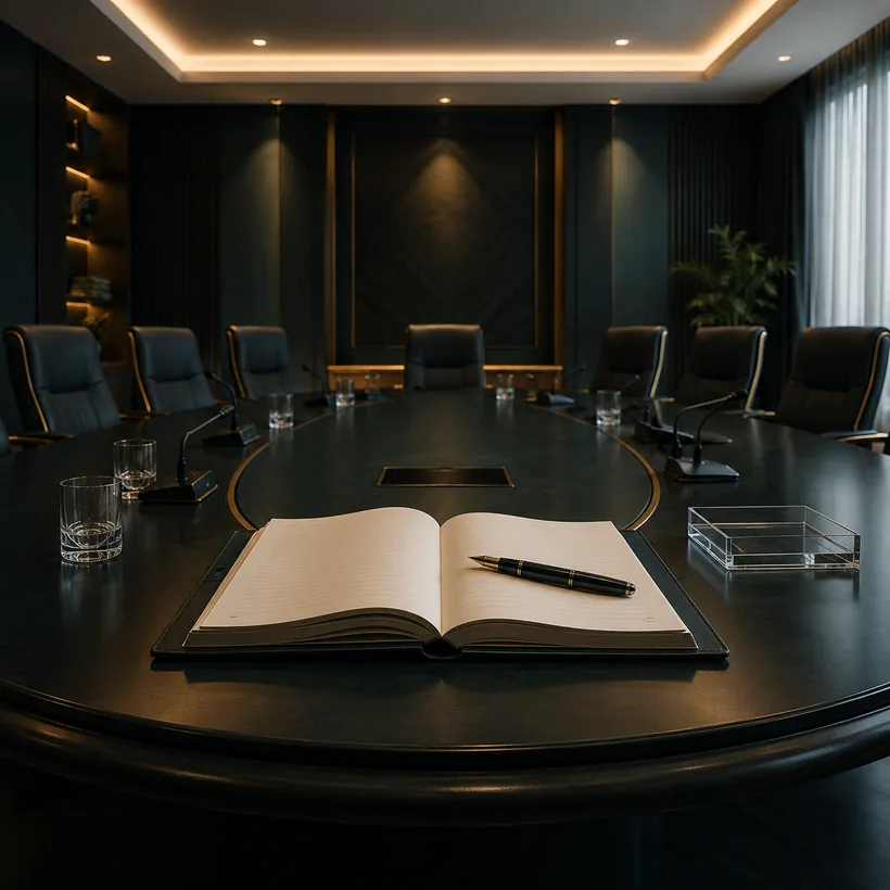 Livro de atas aberto na mesa de uma sala de assembleia