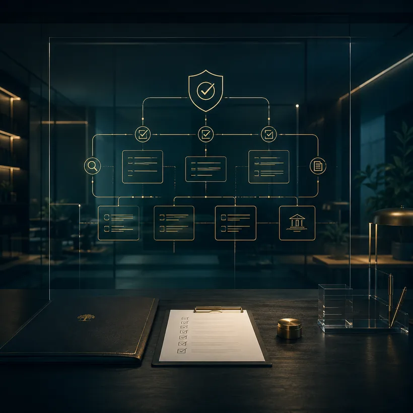 Diagrama de governança e controle interno projetado em vidro